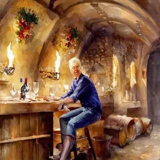 Image similar to hot blonde in a wine cellar, food, pork, beer, schnapps, rustic, traditional, torches on the wall, watercolor by vladimir volegov, highly detailed, masterpiece