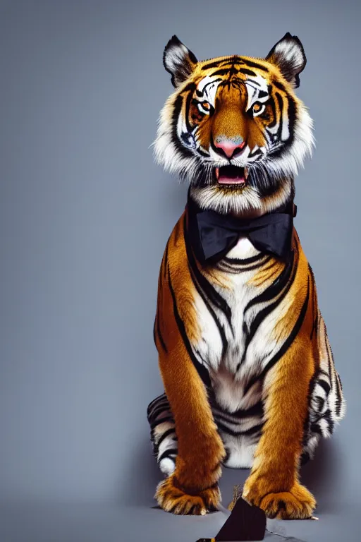 Image similar to high quality presentation photo of a tiger dressed in a dark business suit and tie, Anthropomorphic, photography 4k, f1.8 anamorphic, bokeh, 4k, 85mm lens
