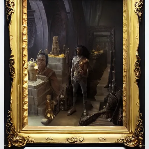 Prompt: looking down at a black man with long curly hair, wearing magical glasses, mummified in bandages, lying in a golden sarcophagus on display in a museum, fantasy painting by greg rutkowski