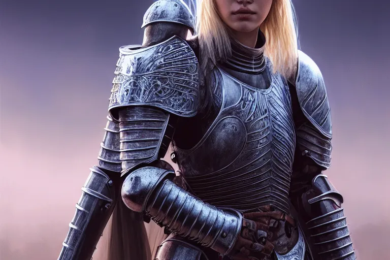 Prompt: female knight in the wild nature, dressed, blonde hair, symmetry, sci - fi, dark fantasy light, perfect composition, 4 k, ultra hd, sense of awe, highly detailed, realistic, intricate, created by wayne barlowe