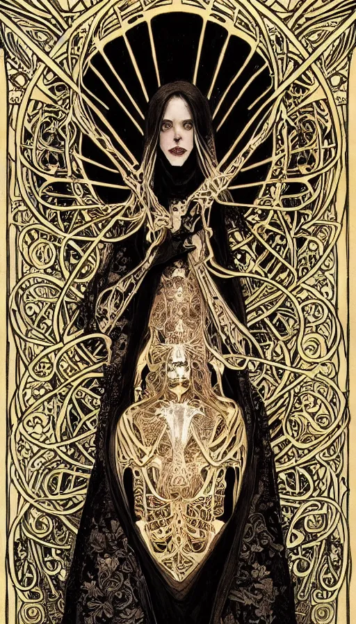 Image similar to a skeleton in a black cloak, highly detailed, very intricate, art nouveau, gold filigree, left right symmetry, tarot concept art watercolor illustration by mandy jurgens and alphonse mucha and alena aenami, featured on artstation