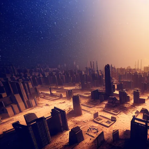 Prompt: The remnants of a city with tall buildings built by an advanced civilization that crumbled after an apocalyptic event. It is found in the dark depths of a sand cavern, lit by light sticks on the ground, seen from above, first person POV, octane render, 8k, unreal engine