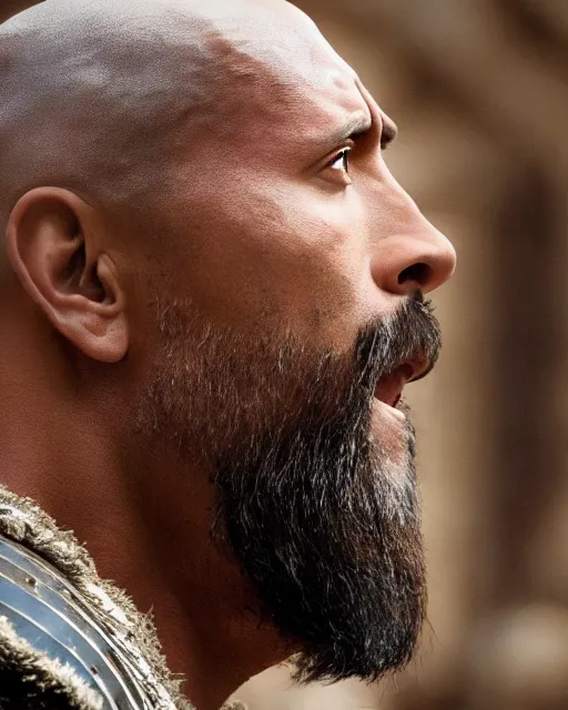 Image similar to Film still close-up shot of Dwayne Johnson as marcus aurelius decimus meridius from the movie Gladiator. Photographic, photography