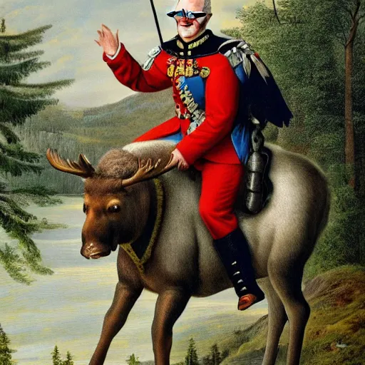 Prompt: portrait of carl xvi gustaf riding a moose into battle