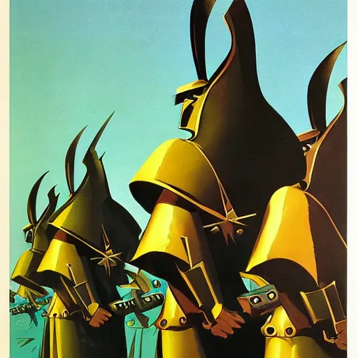 Image similar to a painting of shining metal medieval armors soldiers on the ground by eyvind earle by bruce pennington nicholas roerich, by frank frazetta, by amano, by georgia o keeffe, reflective metallic