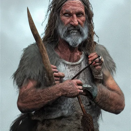 Image similar to realistic a human hobo druid with an axe beak, fantasy book, high detail, 8 k, octane render painting, dark fantasy