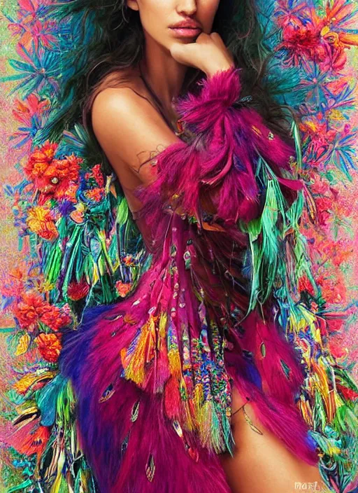 Image similar to beautiful portrait of Irina Shayk wearing fantastic Hand-dyed cotton dress,embellished beaded feather decorative fringe knots ,colorful pigtail,subtropical flowers and plants,intricate,elegant,highly detailed,8k,post-processing,digital painting,trending on pinterest,VOGUE,concept art, sharp focus, illustration, by artgerm,Tom Bagshaw,Lawrence Alma-Tadema,greg rutkowski,alphonse Mucha