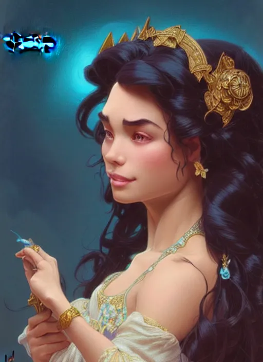 Image similar to portrait of disney esmeralda, intricate, elegant, highly detailed, my rendition, digital painting, artstation, concept art, smooth, sharp focus, illustration, art by artgerm and greg rutkowski and alphonse mucha and uang guangjian and gil elvgren and sachin teng, symmetry!!