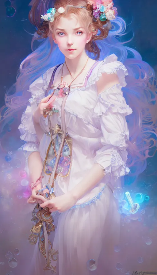 Image similar to portrait of magical lolita girl, dreamy and ethereal, blue eyes, peaceful expression, ornate frilly dress, fantasy, intricate, elegant, rainbow bubbles, highly detailed, digital painting, artstation, concept art, smooth, sharp focus, illustration, art by artgerm and greg rutkowski and alphonse mucha