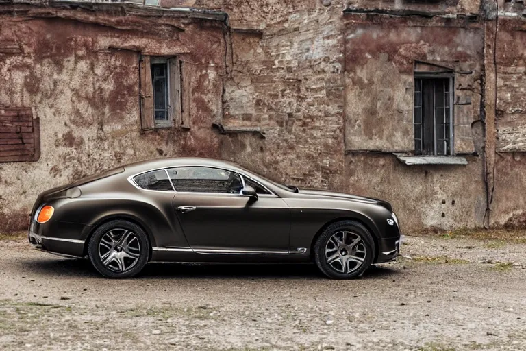 Image similar to modern rusty matte tired Bentley Continental GT without gloss no reflections drives along the road of an old Russian village with houses at the edges