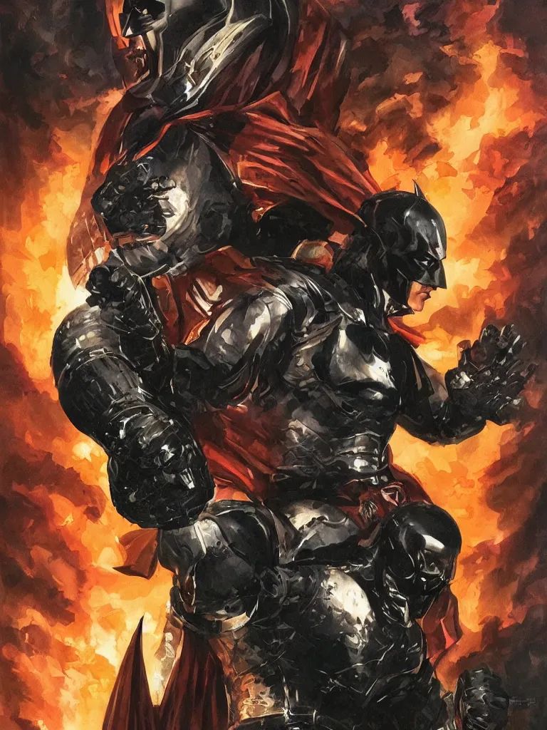 Prompt: ancient damned armored batman, dark and gritty, sci fi artwork, warm colors, by alex ross