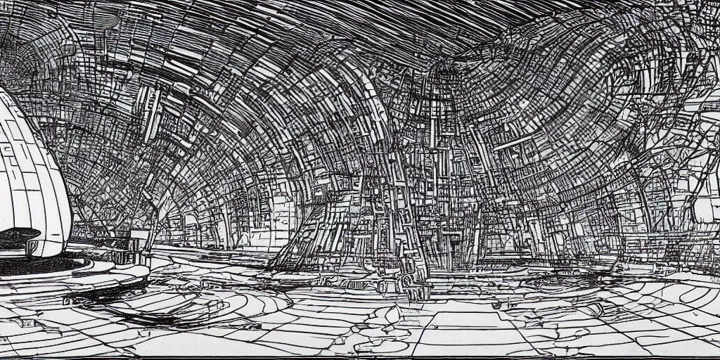 Prompt: architectural overview of a science fiction space port, drawn by James Joyce, in the style of Moebius