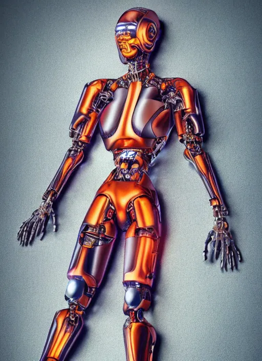 Image similar to photorealistic detailed full body picture of a female cyborg, pretty face, with head arms legs feet and hands, standing on the ground, glamour pose, neon lights, humanoid, extreme, uhdr, book called the most influental cyborg in 2 0 5 0, fine details, highly detailed, intricate, smooth sharp focus, symmetrical features, environmental portrait, realistic render