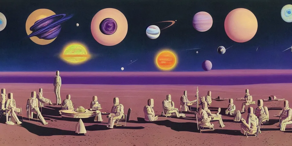 Image similar to surreal painting by chesley bonestell!!, twelve astronauts sitting by the river with a big holiday cake + psychedelic vegetation + purple, pink, blue + planets and stars + mystical fog, vintage sci - fi style of the 5 0 s, rule of the third!!!!, line graphics, 8 k, super detail, high quality