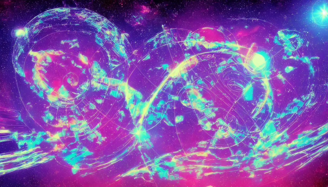 Prompt: space station orbiting a ringed planet, psychedelic, vaporwave