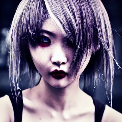 Image similar to japanese gothic model with maximalist hair style and kanji tattoos, dark colors, fashion model, portrait shot, depth of field, 8 k, hyper detailed, intricate, trending on artstation