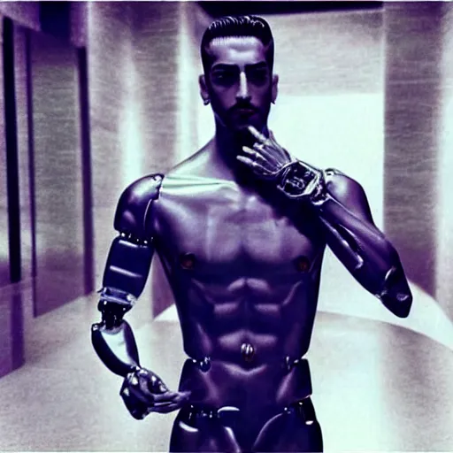 Image similar to “a realistic detailed photo of a guy who is an attractive humanoid who is half robot and half humanoid, who is a male android, singer Maluma, shiny skin, posing like a statue, blank stare”