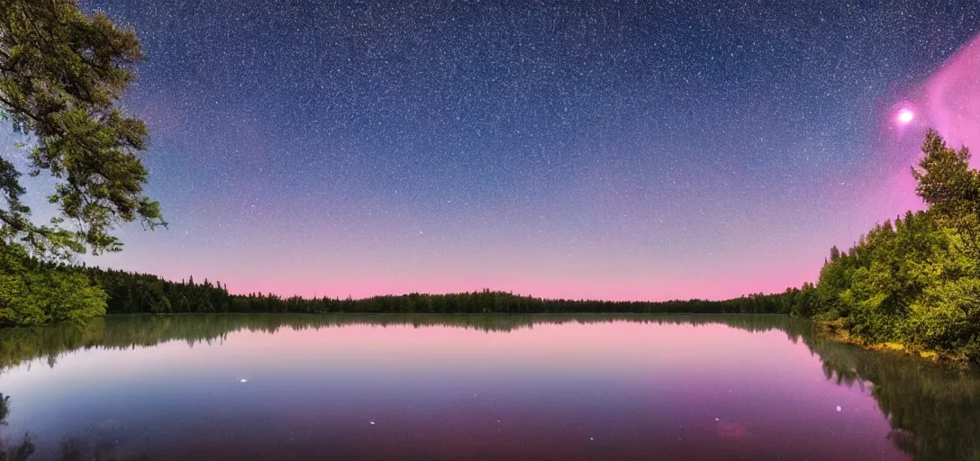 Image similar to a lake with pink flowing water under the stars surrounded by luscious trees