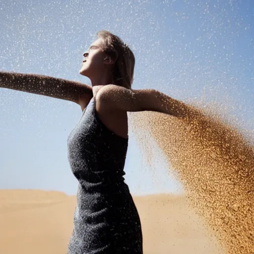 Image similar to A beautiful woman made of sand, blowing away in the wind, high definition photography, professional