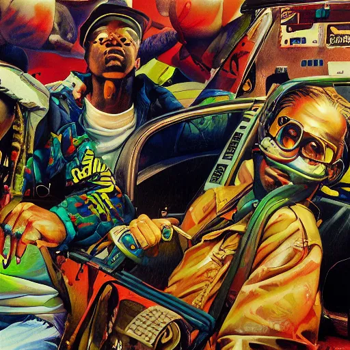 Image similar to detailed photorealistic pictures of 9 0 s hip hop cover album style from rapper two ballz called hustle on the buut in the style of bob peak and alex ross, gouache and wash paints color, detailed facial and body and human environments and background and foreground and small details and big details proportionate, detailed 5 k details, detailed string text.