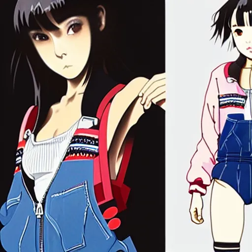 Image similar to a beautiful japanese natalie portman gravure model, wearing oversized native designer bomber jacket and leotard with overalls, bulky poofy bomber jacket with mesoamerican patterns, mesoamerican native street fashion, gapmoe yandere grimdark, trending on pixiv fanbox, painted by greg rutkowski makoto shinkai takashi takeuchi studio ghibli, akihiko yoshida