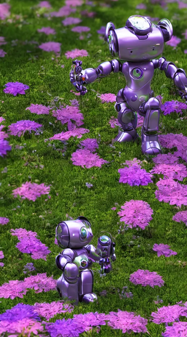 Prompt: toy robot in a garden, hyper detailed, sharp focus, bokeh, unreal engine, ray tracing, cute, fantasy, sci fi, purple flowers, tiny, small, hyper realistic