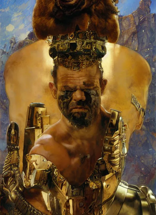 Prompt: head and upper body portrait of jocko willink as huge warrior with muscular neck, science fiction, by john berkey and lawrence alma tadema and rick berry and norman rockwell
