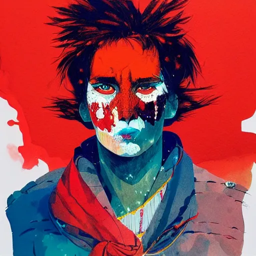 Prompt: painting of a lonesome warrior at the peak of himalayas, style of conrad roset