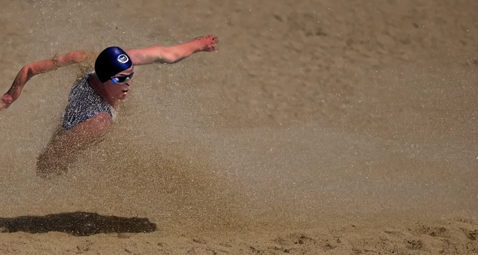 Image similar to olympic swimming in sand instead of water, extremely coherent, motion blur