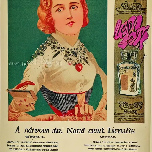 Prompt: a nail polish advertisement from a victorian magazine, high quality printing, intricate and detailed