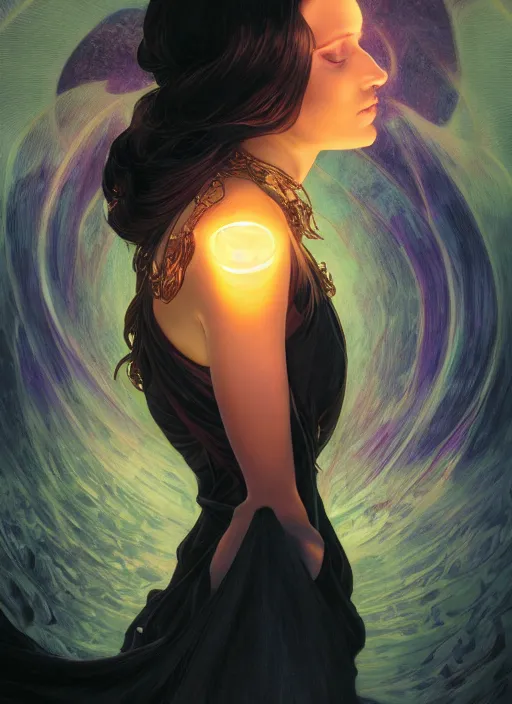 Image similar to book frontcover, side portrait, dark witch with black hood and evil eyes, realism, soft, smooth, luminescent, art nouveau tarot, backlit glow, colorful swirly ripples, gaudy colors, aesthetic octane render, unreal engine, 8 k, by artgerm, greg rutkowski, alphonse mucha