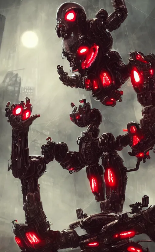 Image similar to a robot humanoid spider in a city, with 4 arms with claws, glowing red eyes, in a black carbon and red fiber armor, smiling creepily, dynamic lighting, photorealistic fantasy concept art, trending on art station, stunning visuals, creative, cinematic, ultra detailed