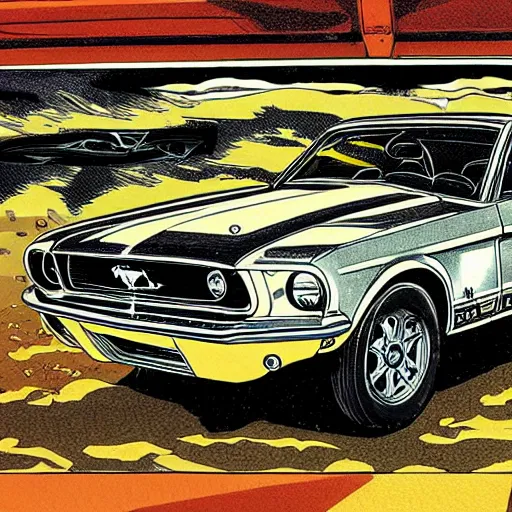 Prompt: interior of a mustang, richard corben style