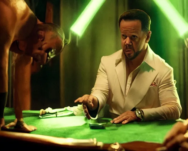 Prompt: mafia boss ( donnie wahlberg ) examines a magical glowing emerald ; scene from the modern hbo mini series / the outfit /, a supernatural mafia crime thriller about magical monster - hunting mafiosi in philadelphia, hd 8 k film photography, with modern supernatural horror aesthetic.