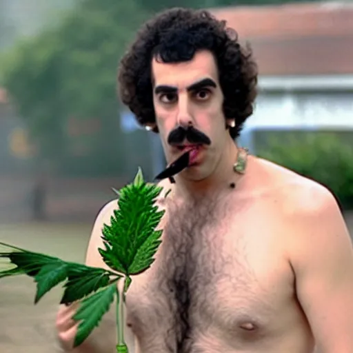 Image similar to Sacha Baron Cohen as borat smoking a giant rolled cannabis cigarette, smoke, 8k, hyper-detailed, cinematic