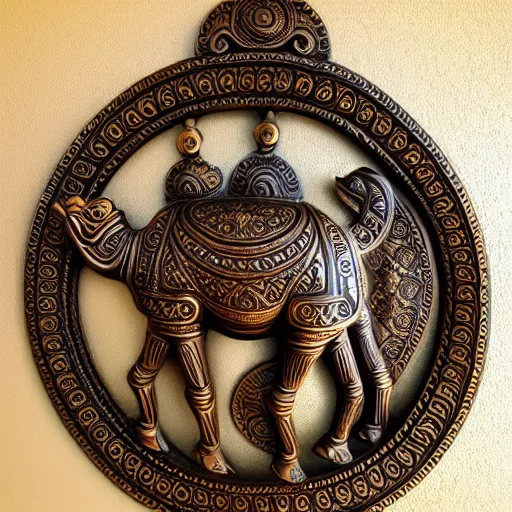 Prompt: gorgeous ornated bronze realistic detailed sacred camel wall decoration with filigree