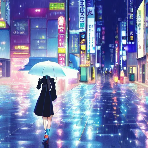 Prompt: beautiful smiling anime girl walking in rainy osaka city center at night, anime key visual, digital art, anime screenshot, kyoto animation, makoto shinkai, trending on artstation