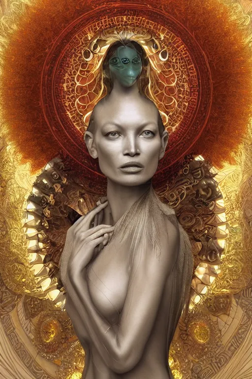 Image similar to a realistic moody photo of a beautiful ancient alien woman goddess kate moss durga standing in iris van herpen dress jewelery and fractals in style of alphonse mucha art nuvo dmt trending on artstation made in unreal engine 4