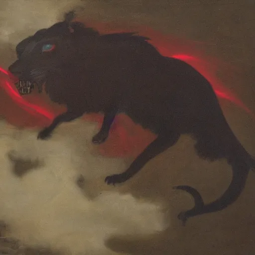 Prompt: A red and black stoat communes with a dark cloud of smoke containing a lion's skull, perceiving of the existence beyond death, and residing on the very edge of it, forges a pact with this entity.