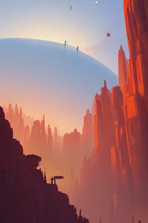 Image similar to futuristic temples glowing orange in canyon, monks, geometric lines in the sky, floating planets, dramatic lighting, artstation, matte painting, ralph mcquarrie, simon stalenhag