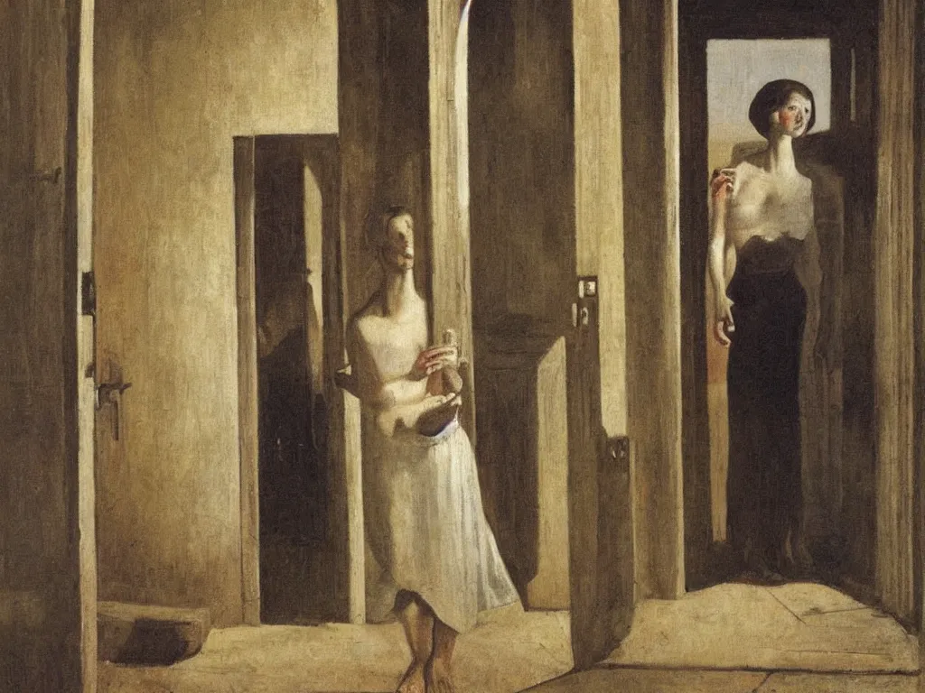 Prompt: woman standing in the doorway with coral. flood. painting by paul delvaux
