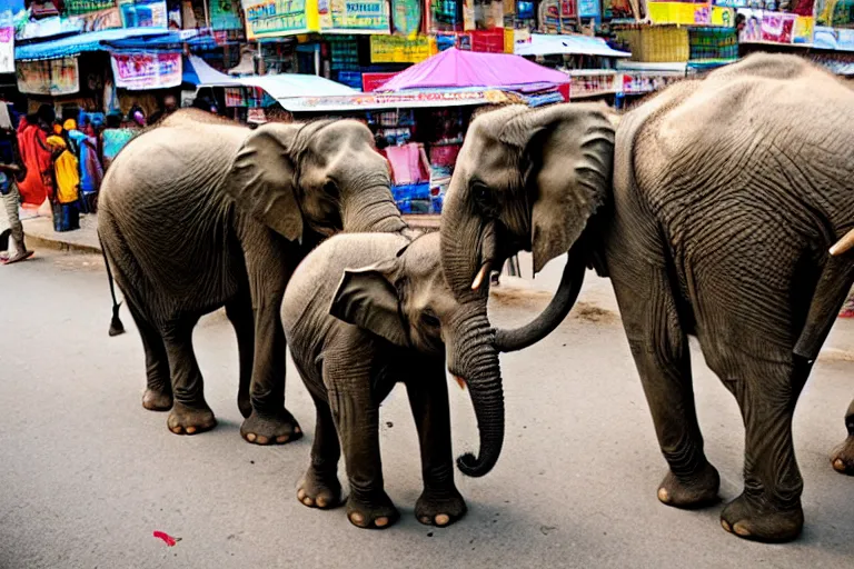 Image similar to elephants walking through an street market in India