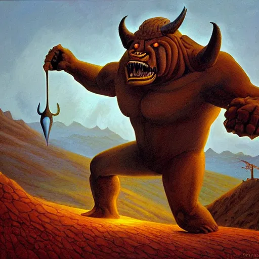 Image similar to composed, offhand by jacek yerka, by jeffrey t. larson. land art. a large, muscular demon - like creature with wings, standing in a dark, hellish landscape. the creature has red eyes & sharp teeth, & is holding a large sword in one hand.