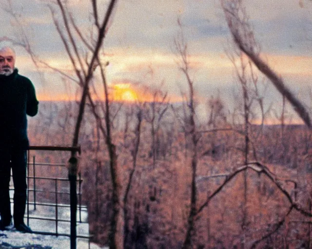 Image similar to award - winning lomographic tarkovsky film still of 4 0 years russian man with beard and sweater standing on small hrushevka 9 th floor balcony in taiga looking at sunset, cinestill, bokeh