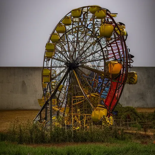 Image similar to an old abandoned rusty ferris wheel, in a town filled with pale yellow mist. Dystopian. Award-winning colored photo. OM system 12–40mm PRO II 40mm, 1/100 sec, f/2 8, ISO 800