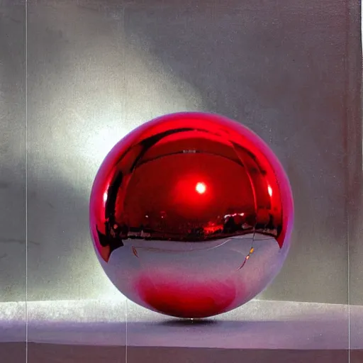 Prompt: chrome spheres on a red cube by chris moore