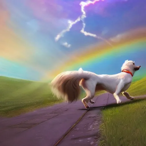 Prompt: a singular beautiful smiling dog running happily towards its owner, ethereal heavenly rainbow bridge in the background behind the dog, tall golden heavenly gates, amazing, stunning artwork, featured on artstation, cgosciety, behance