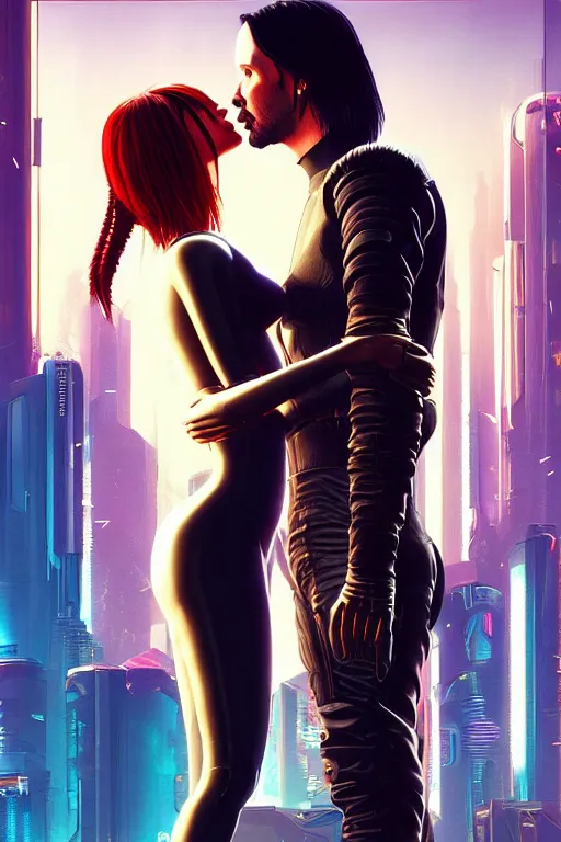 Image similar to a cyberpunk 2077 couple portrait of Keanu Reeves & female android final kiss in the night city,love,by Laurie Greasley,Lawrence Alma-Tadema,Dan Mumford,Andrei Riabovitchev,John Wick,Replicas,artstation,deviantart,FAN ART,Digital painting,face enhance,highly detailed,8K,octane,golden ratio,cinematic lighting