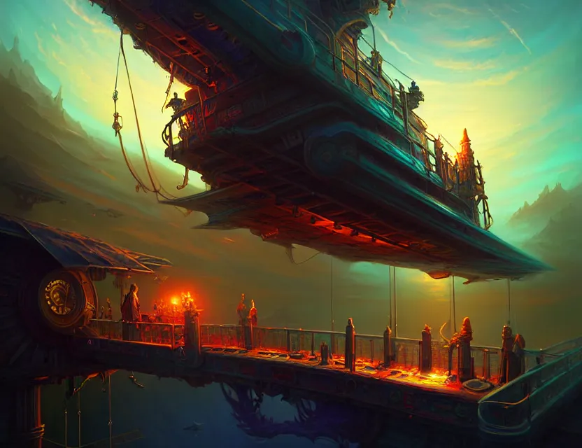 Image similar to standing upon the deck of the flying ship, d & d fantasy art, artstation contest winner, beautiful digital painting in the style of dan mumford, art by kev chan, volumetric lighting, concept art, speedpainting, fantasypunk, deep colors, cgsociety, by art germ, by gerald brom, by peter mohrbacher