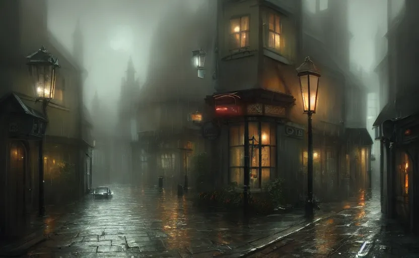 Image similar to extreme long shot concept art depicted rainy old england town, dramatic mood, cozy environment, inspired by legends of runeterra, trending on artstation, unreal engine